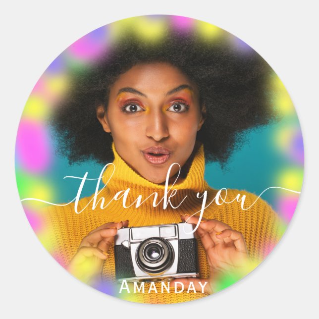 Adesivo Redondo Obrigado Foto Neon Pink Party Holographic Formando (Frente)