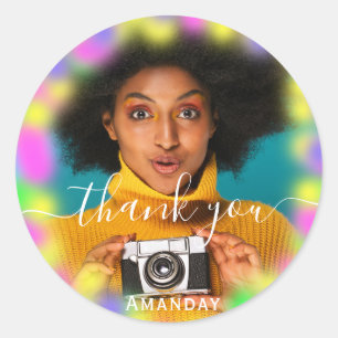 Adesivo Redondo Obrigado Foto Neon Rosa Festa Holográfico Graduado