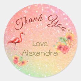 Adesivo Redondo Obrigado Glitter Flamingo Tropical Floral