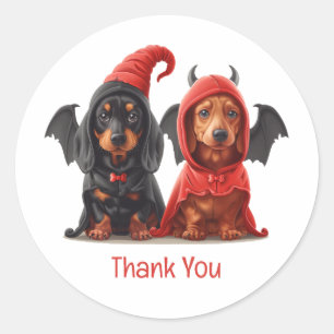 Adesivo Redondo Obrigado Halloween Dachshund Dogs Devil Bat