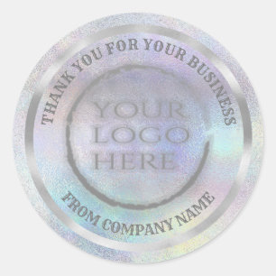 Adesivo Redondo obrigado holográfico prateado, seu logotipo perso