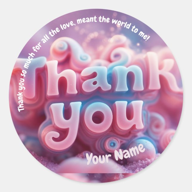 Adesivo Redondo Obrigado! | Ilustração de Fantasia 3d, Cor-de-Rosa (Frente)