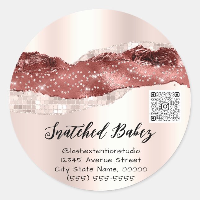Adesivo Redondo Obrigado Logotipo Cosmético Código QR Rosa Burgund (Frente)