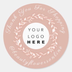 Adesivo Redondo Obrigado Logotipo Rosa IG Nome Floral Wreath Class