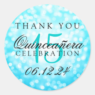 Adesivo Redondo Obrigado luzes de Bokeh de turquesa de Quinceanera