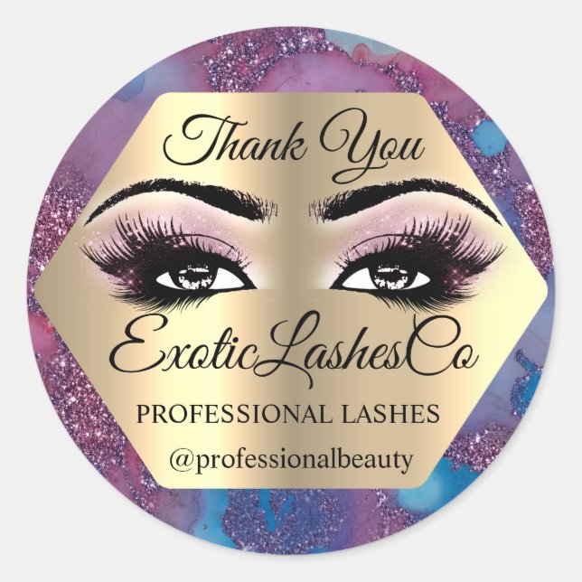 Adesivo Redondo Obrigado Makeez Olhos Azuis Marble Rosa (Frente)