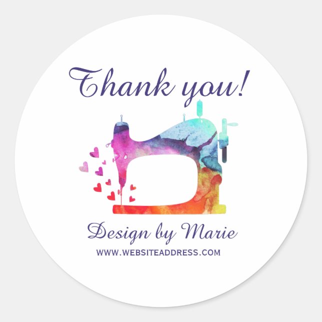 Adesivo Redondo Obrigado Máquina De Costura De Aquarelas (Frente)