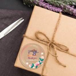 Adesivo Redondo Obrigado, máquina de costura, vinheta de kraft flo