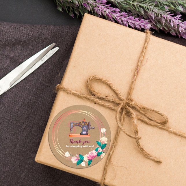 Adesivo Redondo Obrigado, máquina de costura, vinheta de kraft flo (Criador carregado)