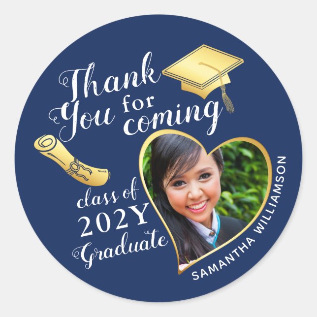 Adesivo Redondo Obrigado Marinho Azul Festa de formatura Dourada (Frente)