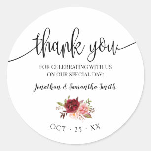 Adesivo Redondo Obrigado Marsala floral boho de casamento