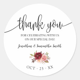 Adesivo Redondo Obrigado Marsala Floral Casamento Campo Chic