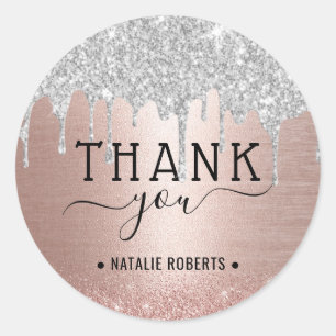 Adesivo Redondo Obrigado Moderno Brilho Prata Dourado Rosa