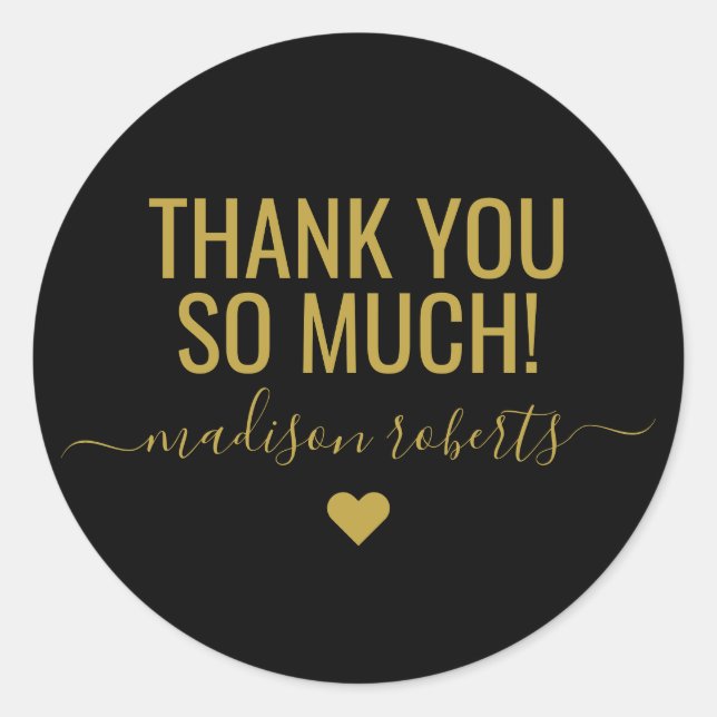 Adesivo Redondo Obrigado moderno, você é muito dourado preto (Frente)