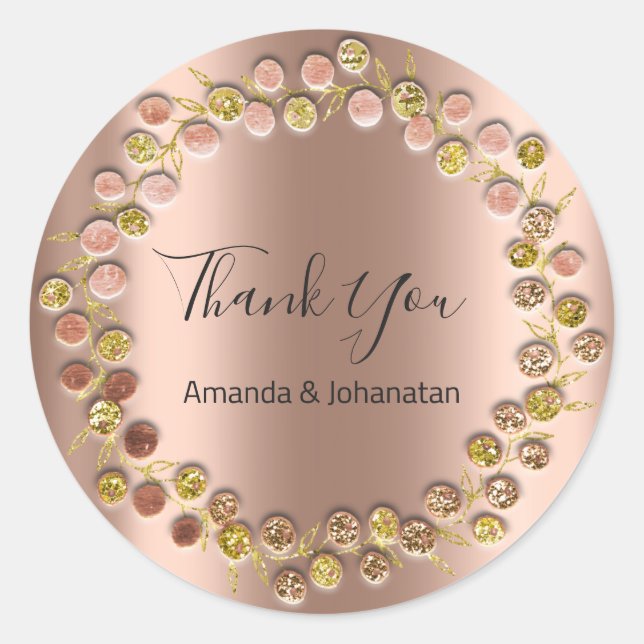 Adesivo Redondo Obrigado Monograma Dourado Nome do Rosa Data (Frente)