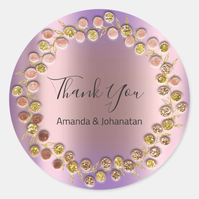 Adesivo Redondo Obrigado Monograma Dourado Nome Rosa Purple (Frente)