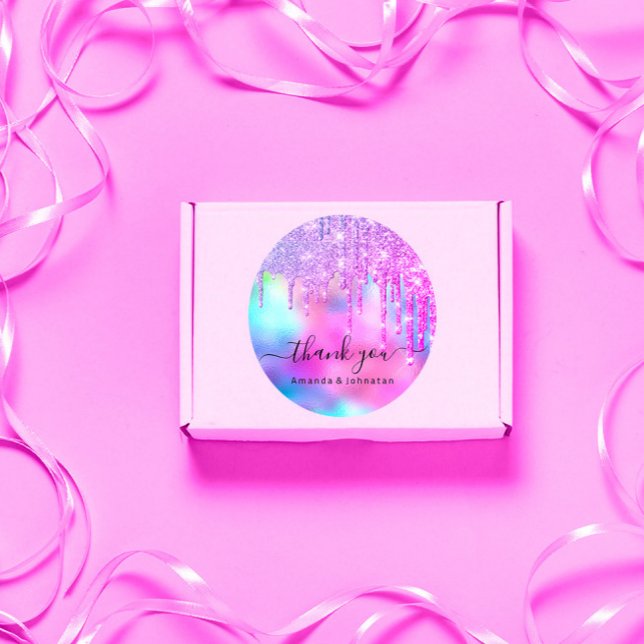 Adesivo Redondo Obrigado Noivas Sweet16th Brilho Holográfico Drips (Thank You Bridal Sweet16th Glitter Holograph Drips Classic Round Sticker)
