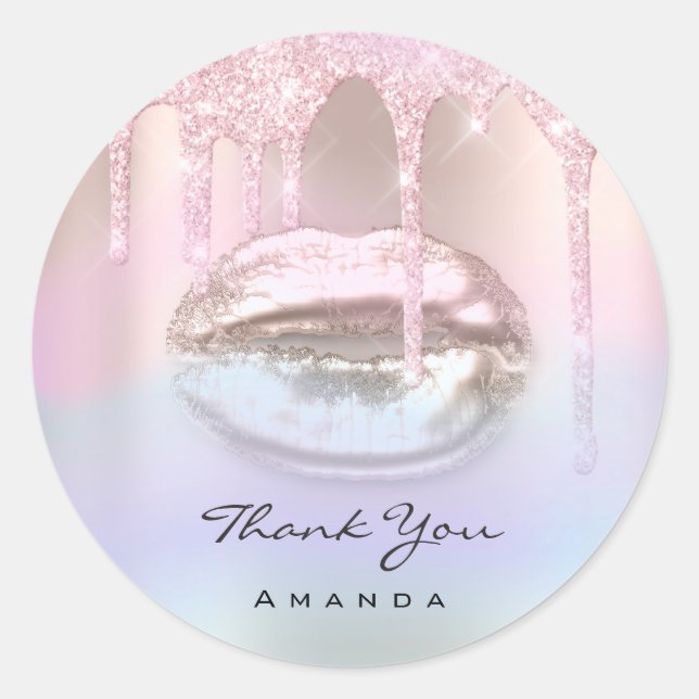 Adesivo Redondo Obrigado Nome16º Hológrafo Rosa-Brida Beijos Lábio (Frente)