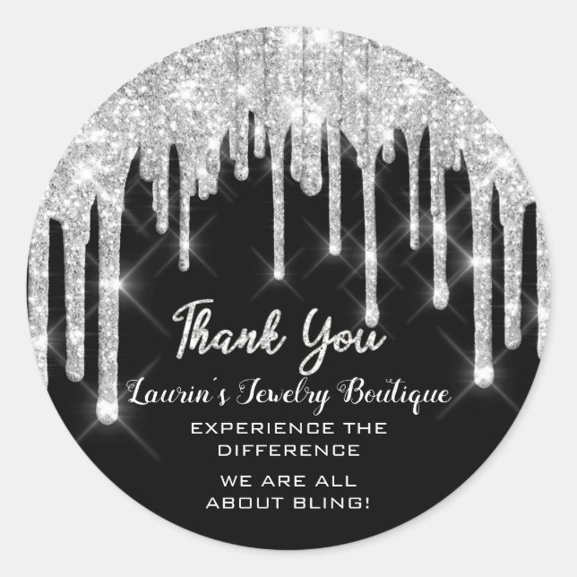 Adesivo Redondo Obrigado Nome 16º Bridal Drips Glitter Silver (Frente)