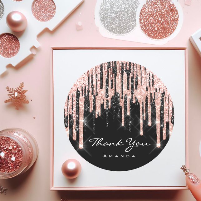 Adesivo Redondo Obrigado Nome 16º Chuveiro de Noiva Rosa Brilho (Thank You Name 16th Bridal Shower Rose Glitter Classic Round Sticker)