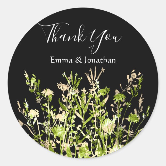 Adesivo Redondo Obrigado Nome 16º Jardim Nupcial Dourado Preto Ver (Frente)