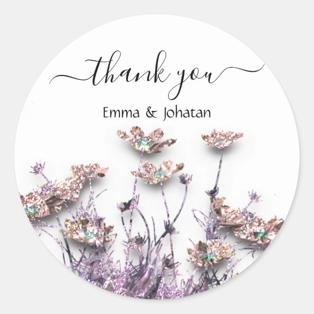 Adesivo Redondo Obrigado Nome 16º Jardim Nupcial Rosa Brilho (Frente)