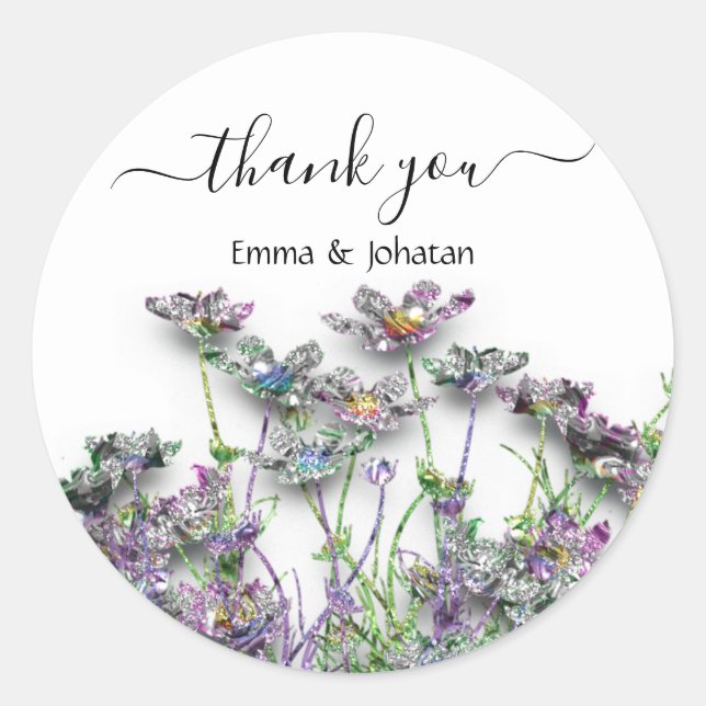 Adesivo Redondo Obrigado Nome 16º Jardim Nupcial Verde ClaroRoxo (Frente)