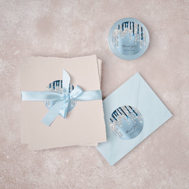 Adesivo Redondo Obrigado Nome 16º Marinho Bridal Silver Glitter (Thank You Name 16th Bridal Silver Glitter Navy Classic Round Sticker)