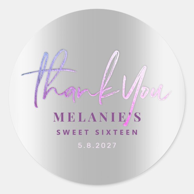 Adesivo Redondo Obrigado Nome 16º Prata Púrpura Bridal (Frente)