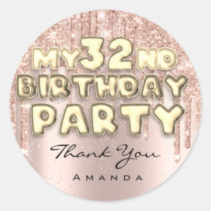 Adesivo Redondo Obrigado Nome 32º Festa de Aniversário Brilhos em 