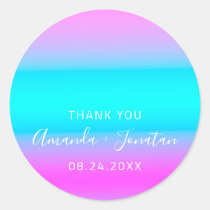 Adesivo Redondo Obrigado Nome Data Azul Aqua Rosa Mão