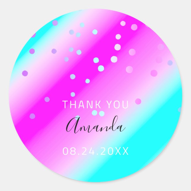 Adesivo Redondo Obrigado Nome Data Azul Cor-De-Rosa Oceânica Confe (Frente)