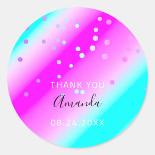 Adesivo Redondo Obrigado Nome Data Azul Cor-De-Rosa Oceânica Confe