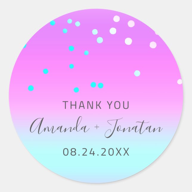 Adesivo Redondo Obrigado Nome Data Azul Dourada Confetti Ombro (Frente)