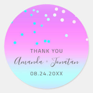 Adesivo Redondo Obrigado Nome Data Azul Dourada Confetti Ombro