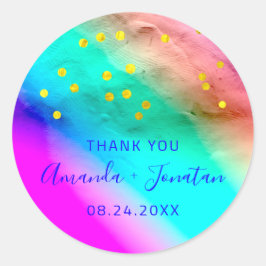 Adesivo Redondo Obrigado Nome Data Azul Dourada Confetti Rainbow