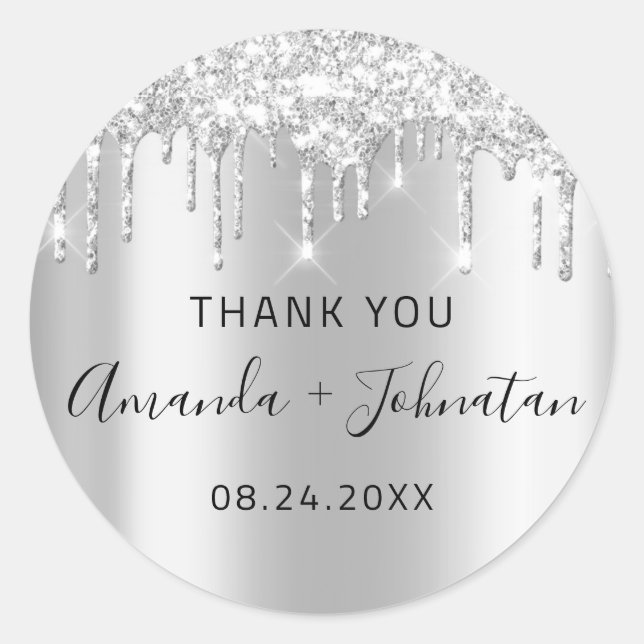 Adesivo Redondo Obrigado Nome Data Pingos Preto Prata Cinza (Frente)