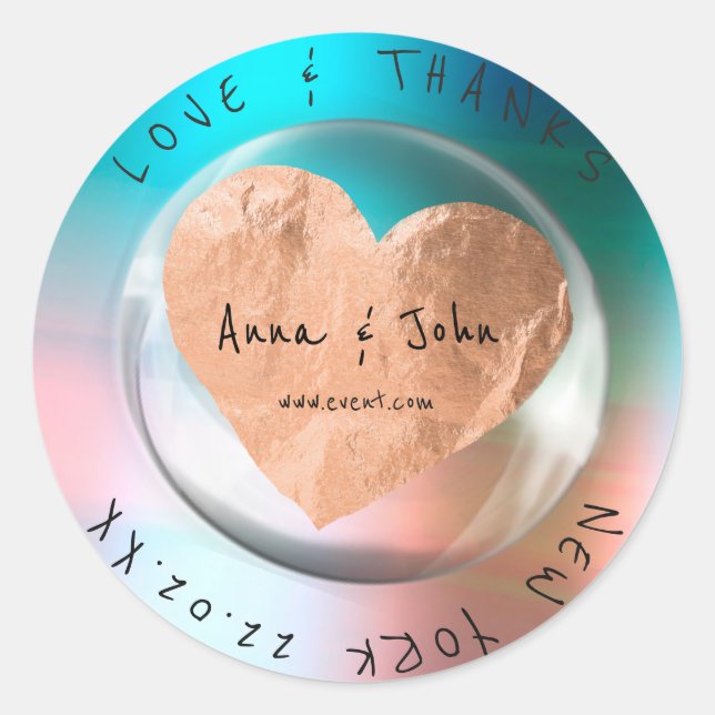 Adesivo Redondo Obrigado Nome De Casamento Ombre Blue Copper Drop (Frente)