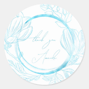 Adesivo Redondo Obrigado Nome Floral Branco Azul Casamento Noiva 