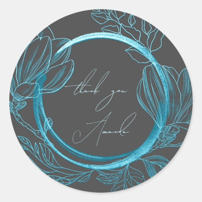 Adesivo Redondo Obrigado Nome Floral Cinza Azul Casamento Noiva   (Frente)
