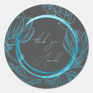Adesivo Redondo Obrigado Nome Floral Cinza Azul Casamento Noiva  