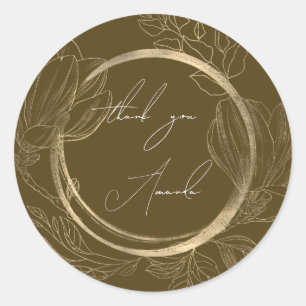 Adesivo Redondo Obrigado Nome Floral Marrom Dourado Casamento Noiv
