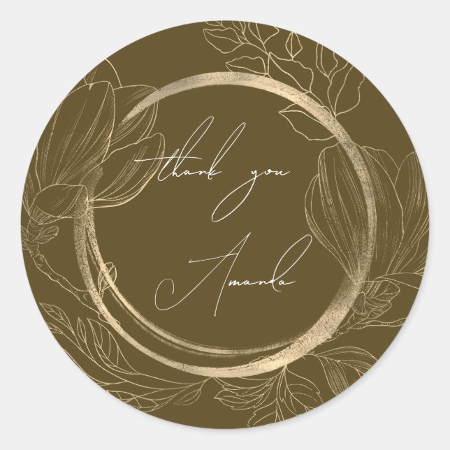 Adesivo Redondo Obrigado Nome Floral Marrom Dourado Casamento Noiv (Frente)