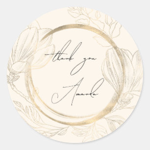 Adesivo Redondo Obrigado Nome Floral Noiva Dourado Shabby Chic