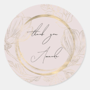 Adesivo Redondo Obrigado Nome Floral Pó Dourado Casamento Noiva