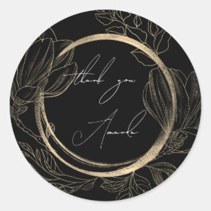 Adesivo Redondo Obrigado Nome Floral Preto Branco Dourado
