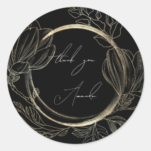 Adesivo Redondo Obrigado Nome Floral Preto Dourado Casamento Noiva