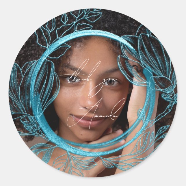 Adesivo Redondo Obrigado Nome Jardim Floral Magnolia Azul (Frente)