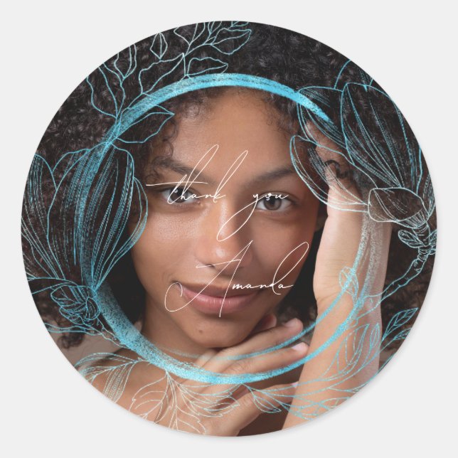 Adesivo Redondo Obrigado Nome Jardim Floral Magnolia Oceano Azul (Frente)