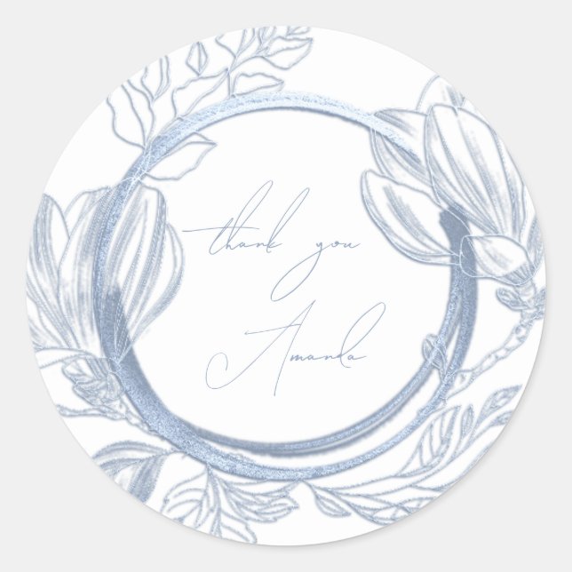 Adesivo Redondo Obrigado Nome Magnólia Floral Fumaça Azul Branco (Frente)